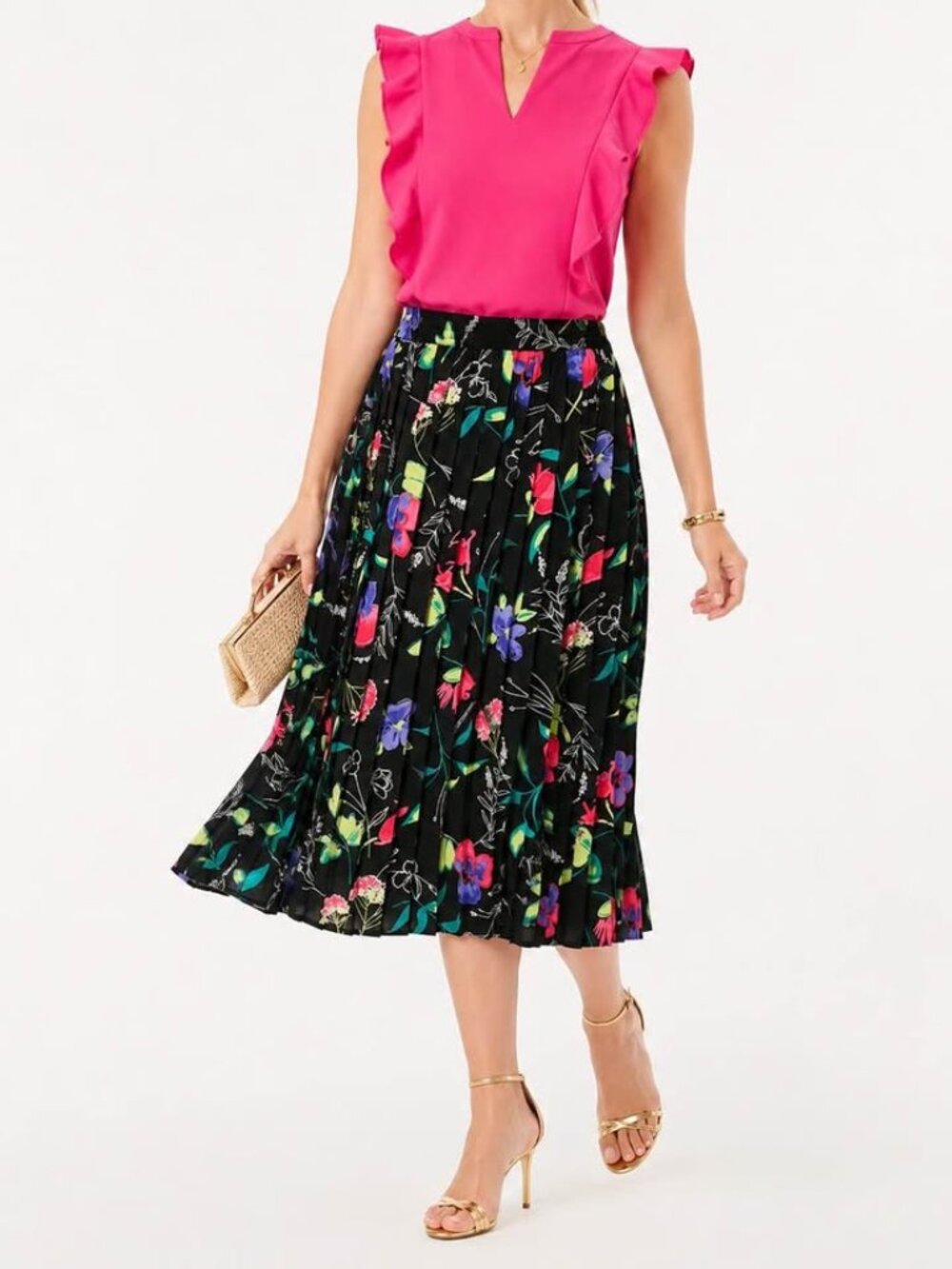 Euro Summer Pleated Floral Romantic Flirty Feminine Black Midi Skirt [size 16p]